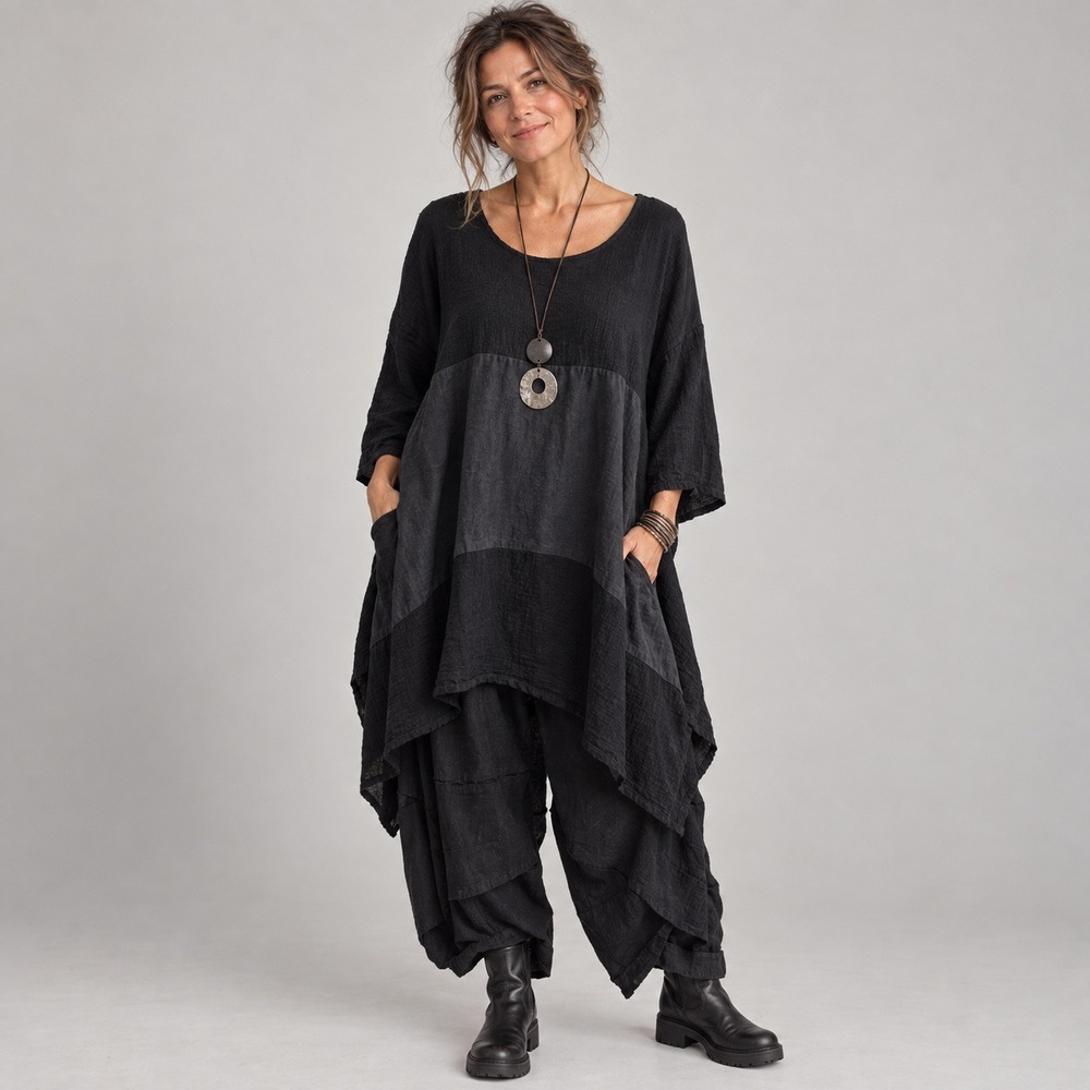 Made in Italy Linen Cotton Tunic Dress Black Mixed Media Lagenlook Art.5381A